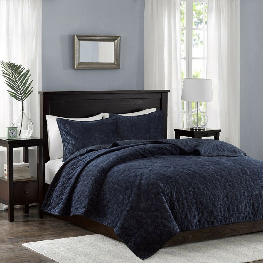 All Decor * | Harper Navy Velvet Queen Size Coverlet Set Best Price