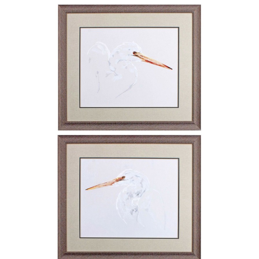 Mirrors & Art * | Bright White Egret Sketch Set Of Two Hot Sale