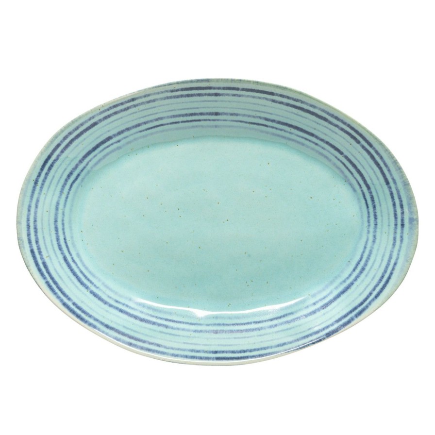 Tabletop * | Nantucket Aqua And Blue Striped Oval Platter Fire Sale