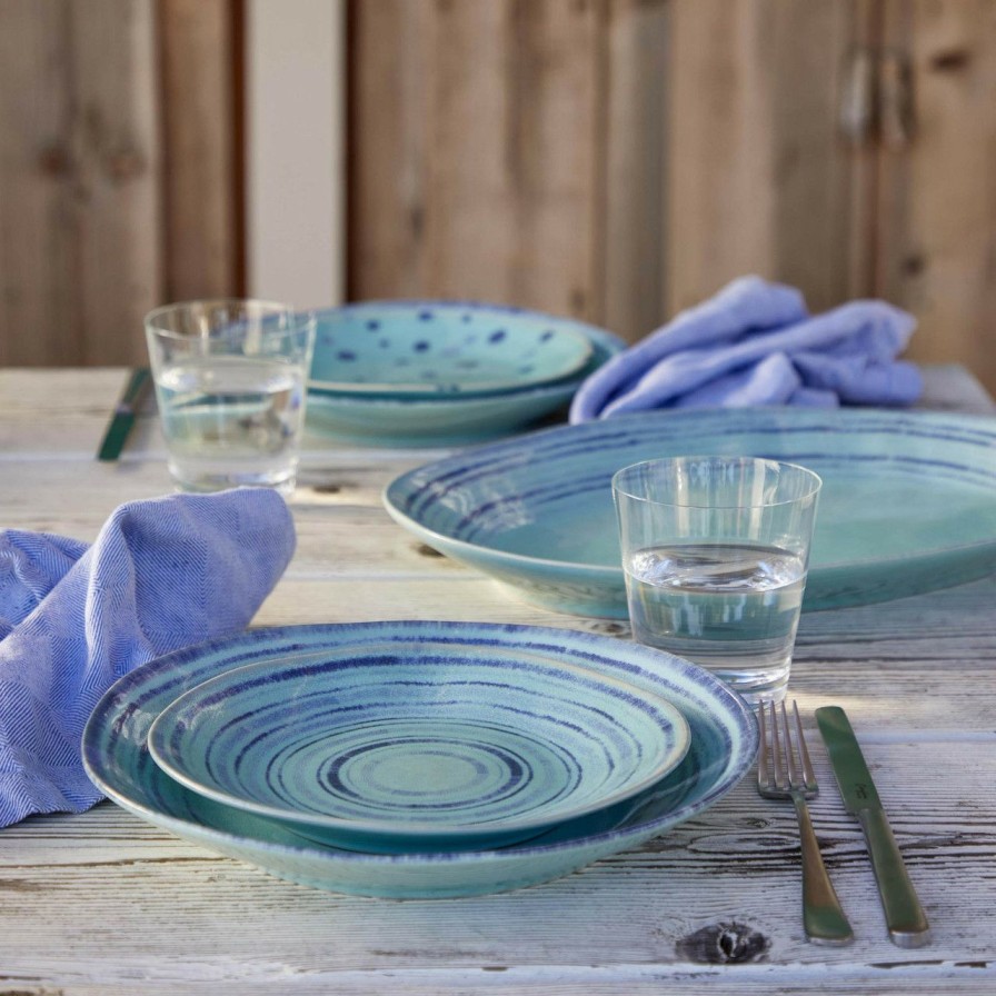 Tabletop * | Nantucket Aqua And Blue Striped Oval Platter Fire Sale