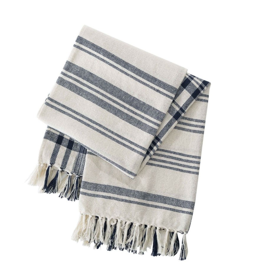 Bed & Bath * | Encinitas Ink Blue Striped Woven Throw Crazy Deals