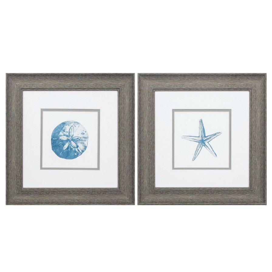 Mirrors & Art * | Blue Sand Dollar And Starfish Framed Art Set Of Two Good Quality