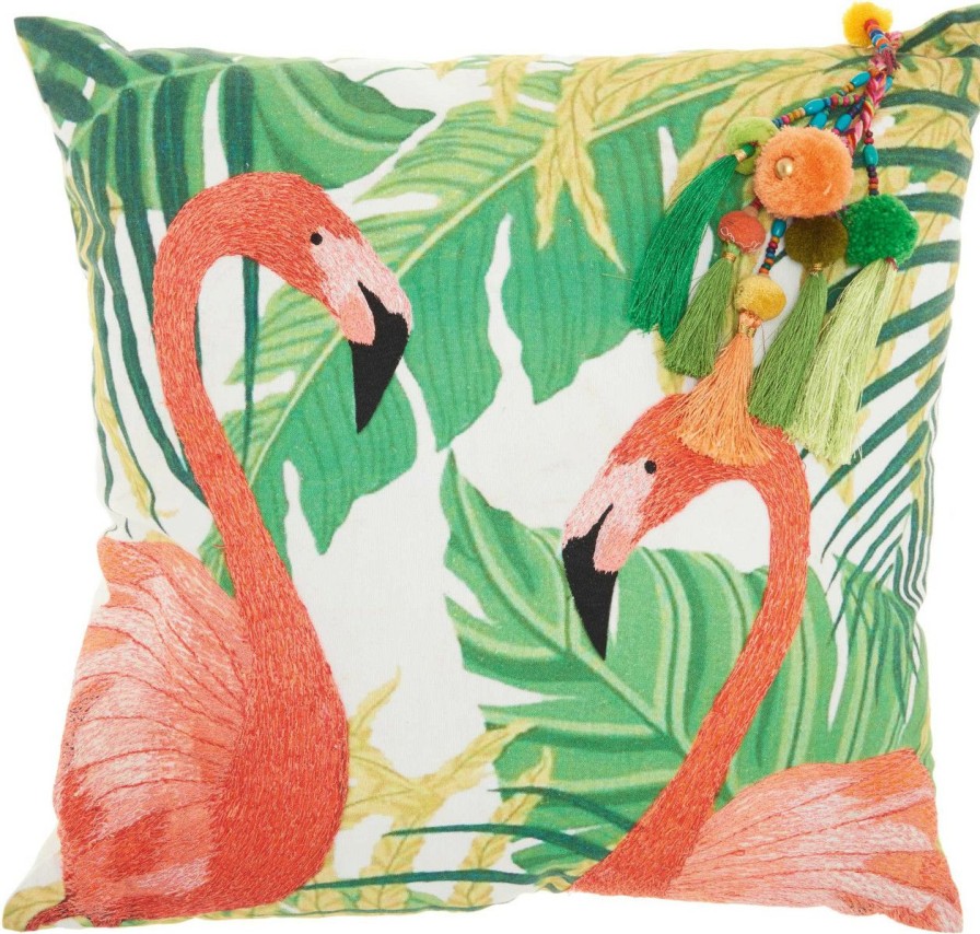 All Decor * | Embroidered Tropical Flamingos Tassel Pillow Best Price