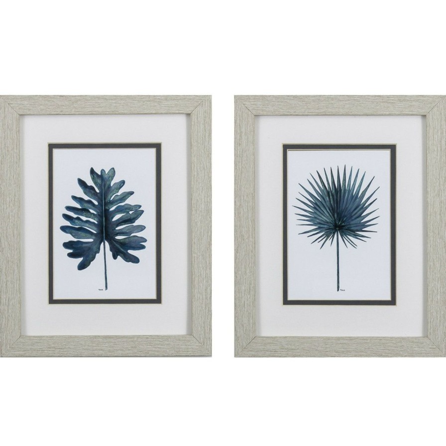 Mirrors & Art * | Deep Blue Coastal Leaf Prints- Set Of Two Crazy Deals