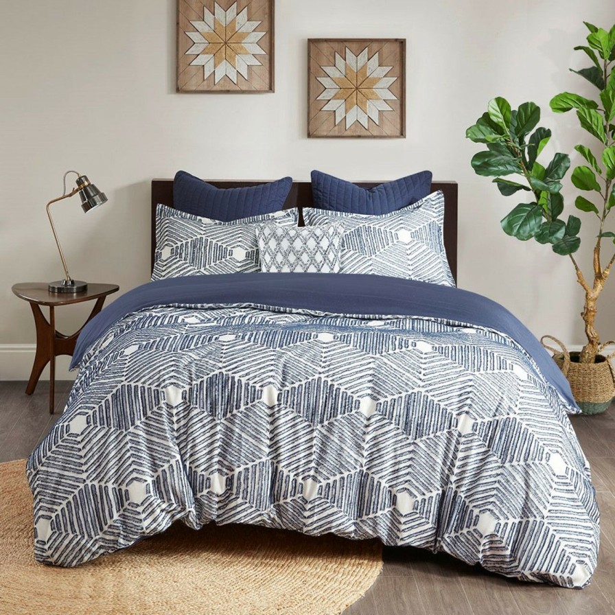 Bed & Bath * | Navy Ellipse Tufted Jacquard Queen Comforter Set Outlet Sale