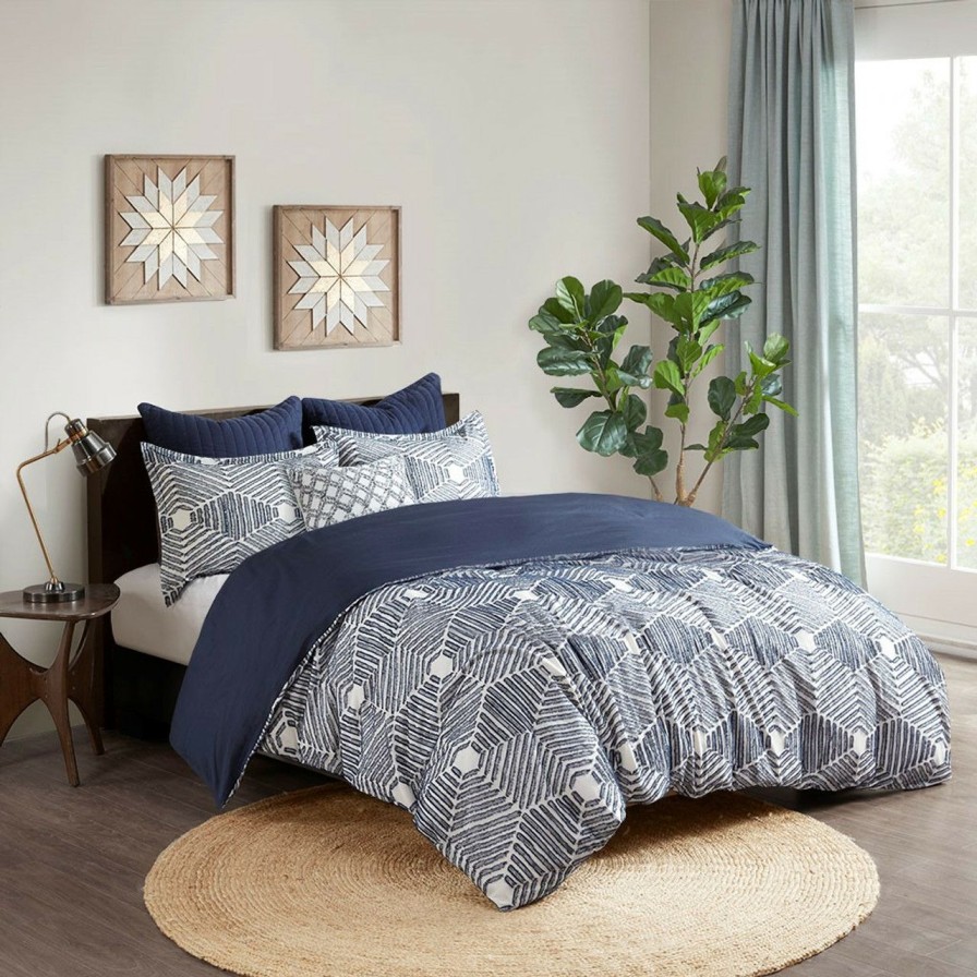 Bed & Bath * | Navy Ellipse Tufted Jacquard Queen Comforter Set Outlet Sale