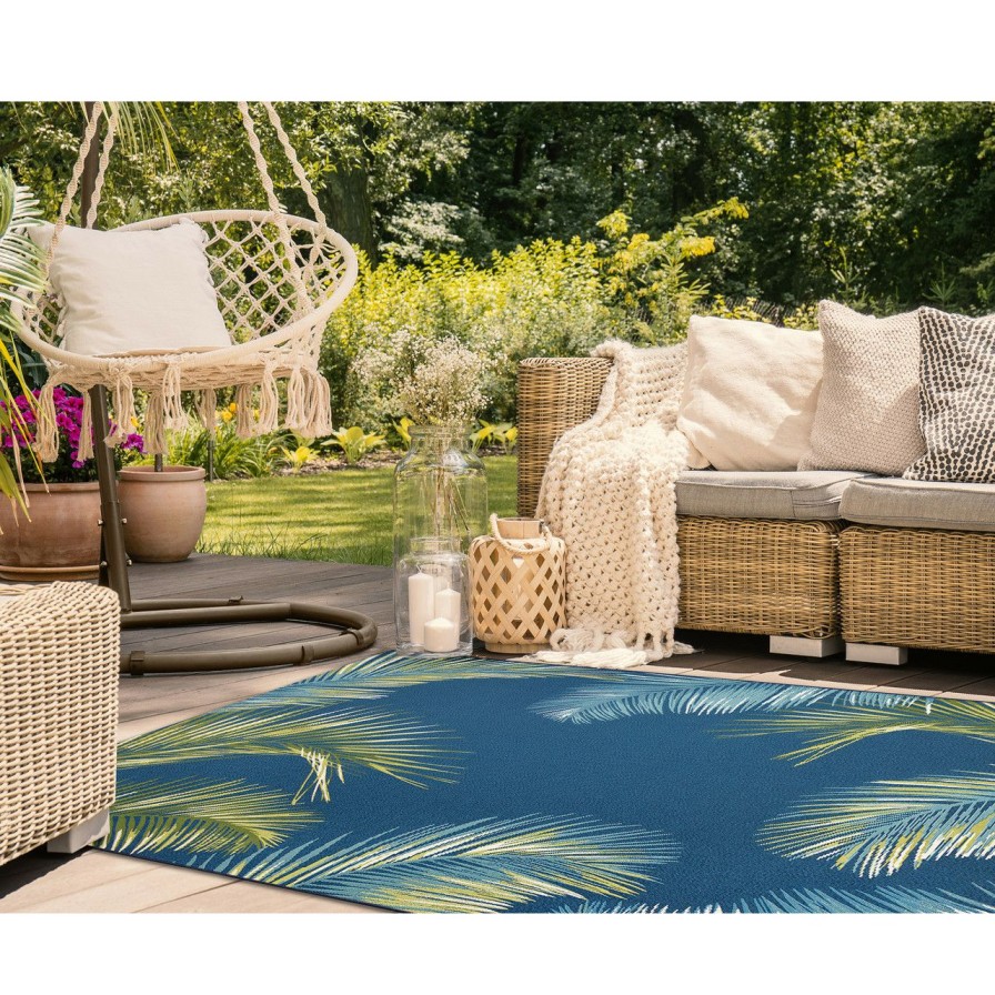 Rugs * | Sea Blue Palms Border Indoor-Outdoor Area Rug Reliable Quality