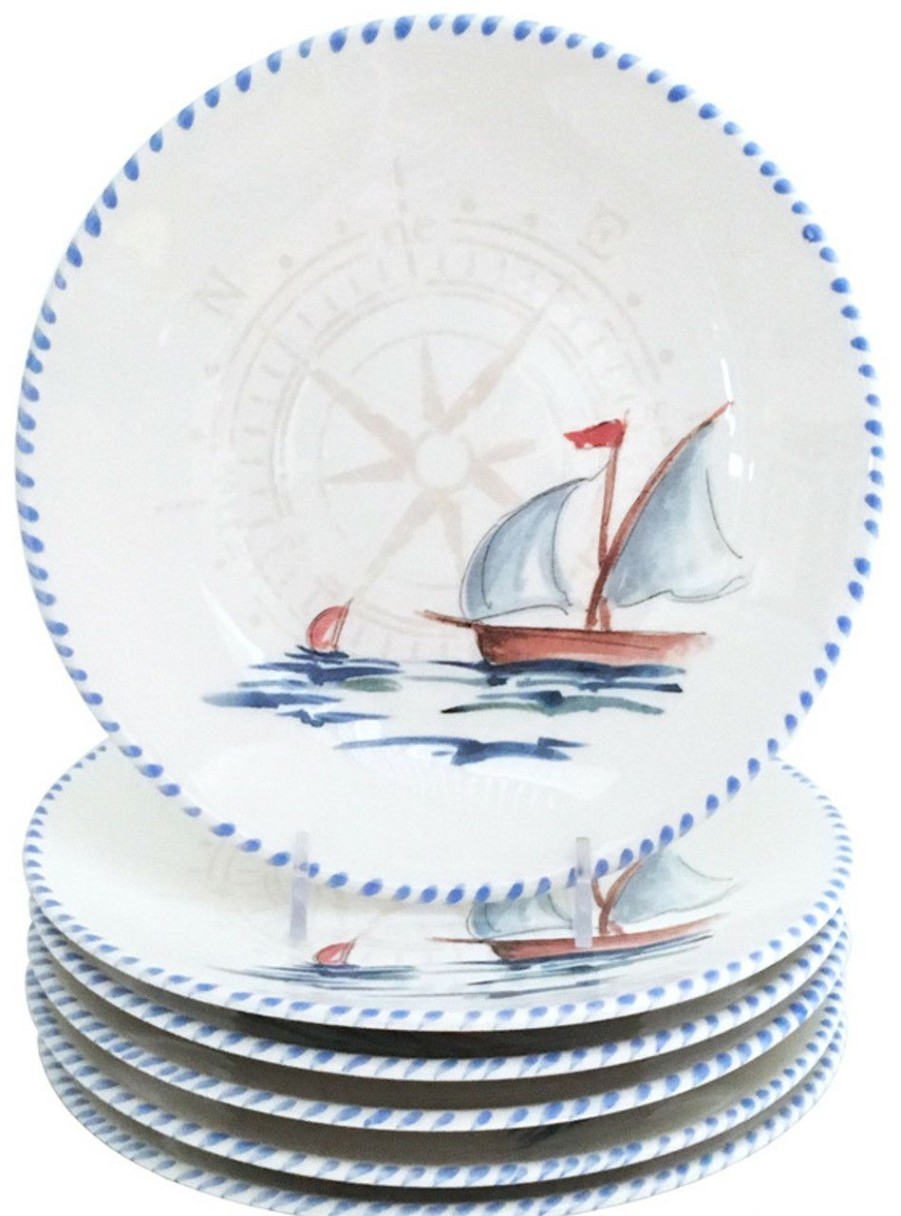 All Decor * | Hand Painted Sailboat Salad Or Dessert Plates Set Of 6 Top Selling