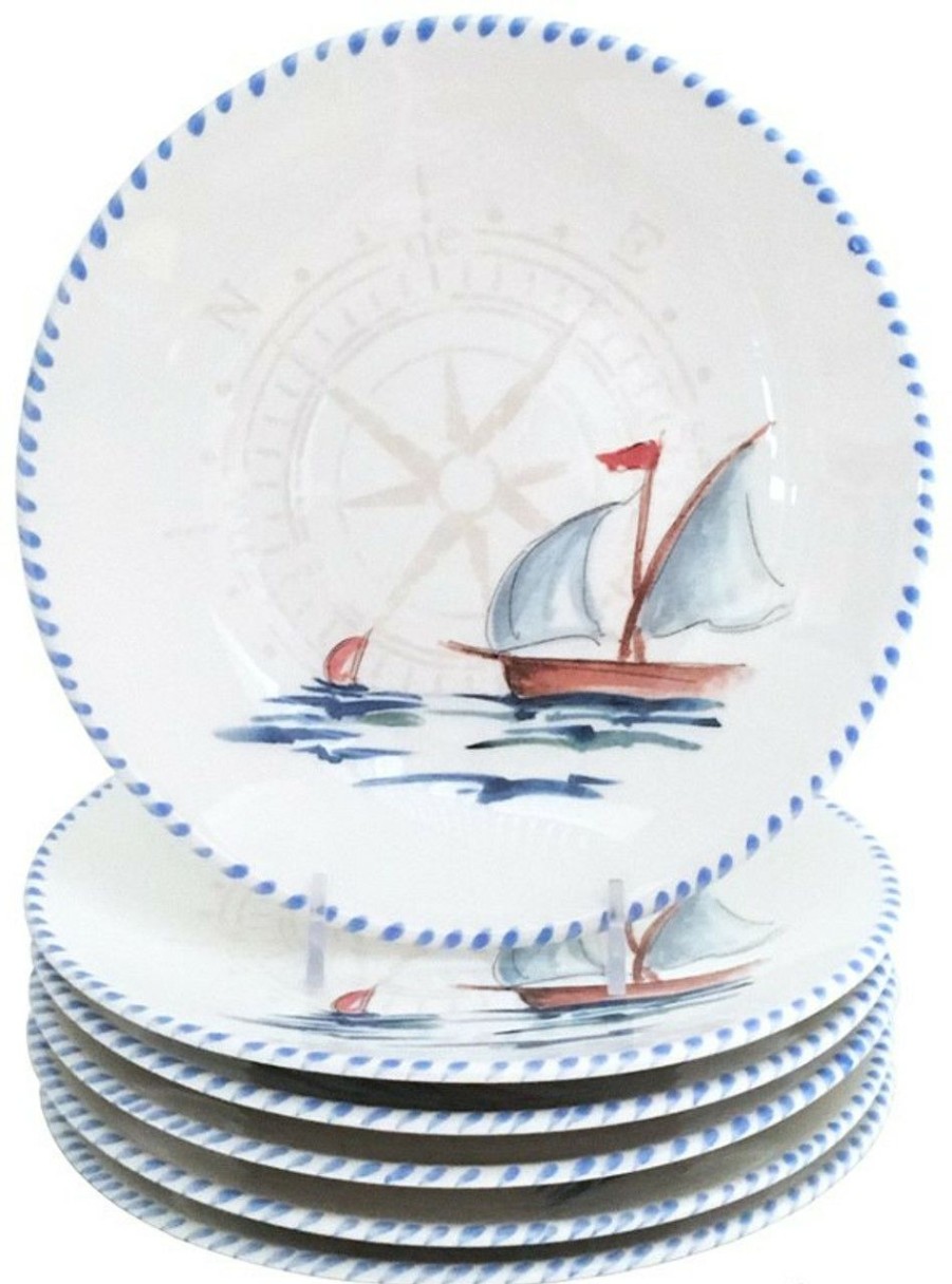 All Decor * | Hand Painted Sailboat Salad Or Dessert Plates Set Of 6 Top Selling